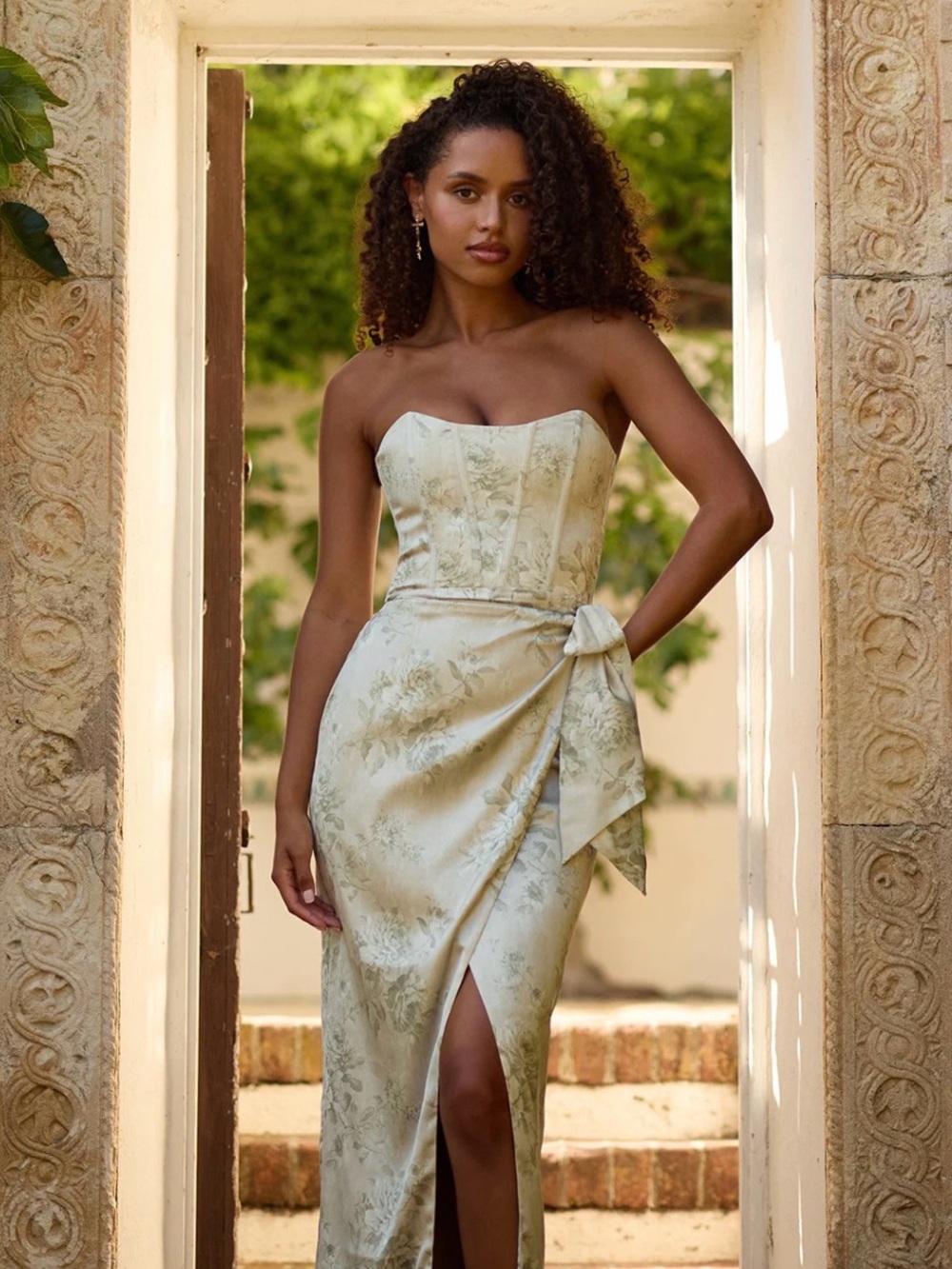 V. Chapman Strapless Floral Jacquard Dress in Sage Green